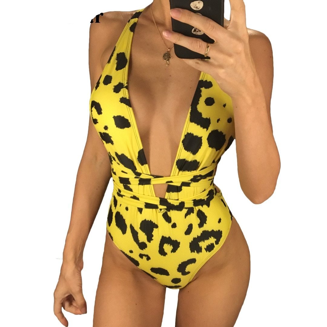 Sexy Feline Print Deep V Neck Wrap Around Monokini-women fitness-wanahavit-Yellow-L-wanahavit