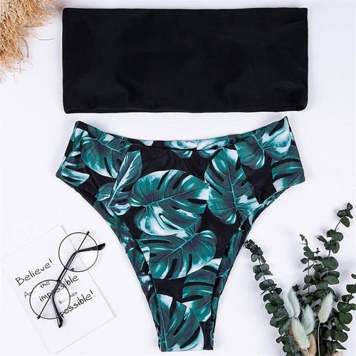 Load image into Gallery viewer, Sexy Bandeau Green Leaves Print High Waist Bikini-women fitness-wanahavit-Black-L-wanahavit
