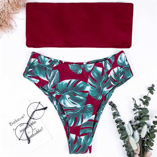 Load image into Gallery viewer, Sexy Bandeau Green Leaves Print High Waist Bikini-women fitness-wanahavit-Red-L-wanahavit
