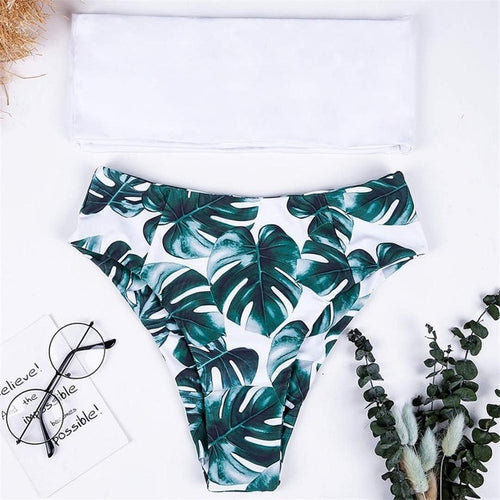 Load image into Gallery viewer, Sexy Bandeau Green Leaves Print High Waist Bikini-women fitness-wanahavit-White-L-wanahavit
