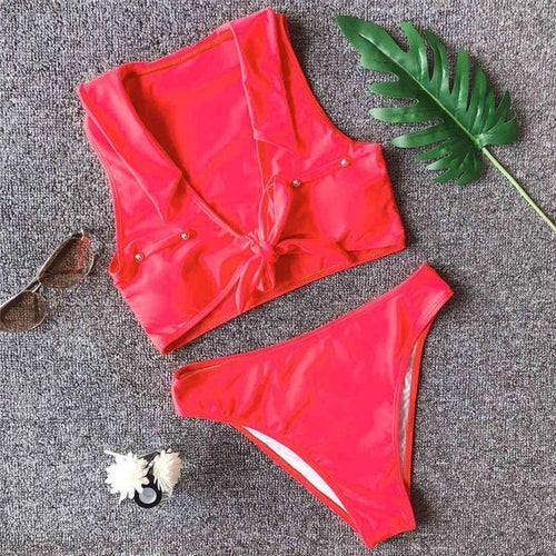 Load image into Gallery viewer, Sexy Bow Knot Collared High Waist Bikini-women fitness-wanahavit-Red-S-wanahavit
