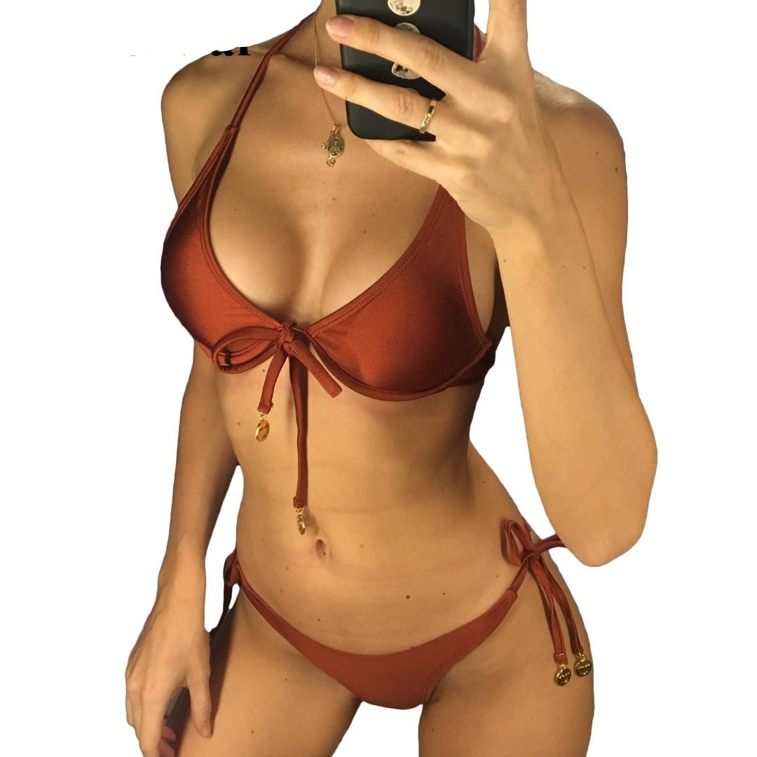 Sexy Underwire Bow Knot Halter Bikini-women fitness-wanahavit-Red Brown-L-wanahavit