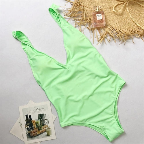 Load image into Gallery viewer, Sexy V Neck Ruffle Frill Trim Monokini-women fitness-wanahavit-Light Green-L-wanahavit
