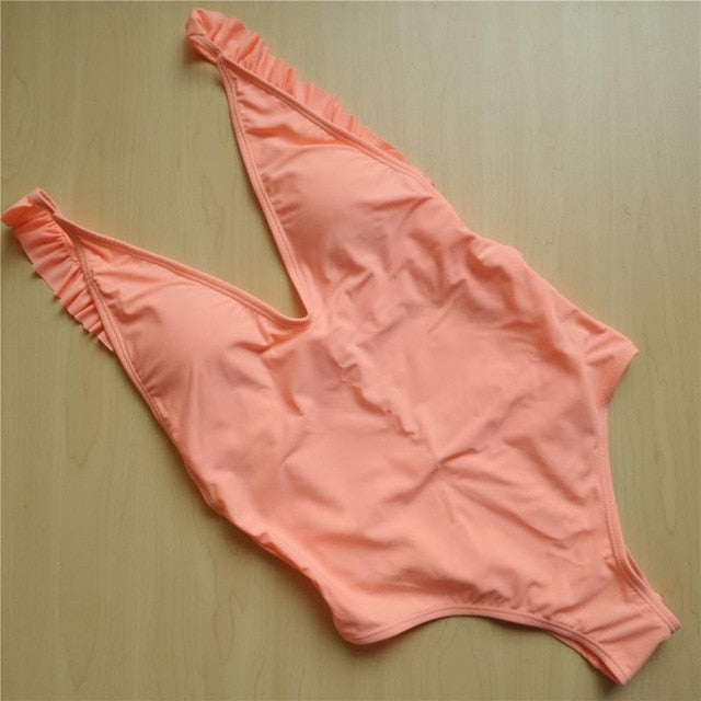 Sexy V Neck Ruffle Frill Trim Monokini-women fitness-wanahavit-Orange-L-wanahavit