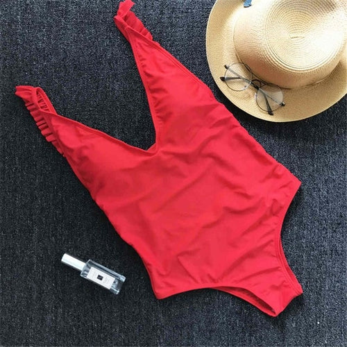 Load image into Gallery viewer, Sexy V Neck Ruffle Frill Trim Monokini-women fitness-wanahavit-Red-L-wanahavit
