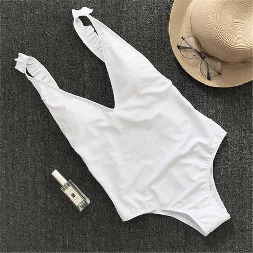 Load image into Gallery viewer, Sexy V Neck Ruffle Frill Trim Monokini-women fitness-wanahavit-White-L-wanahavit
