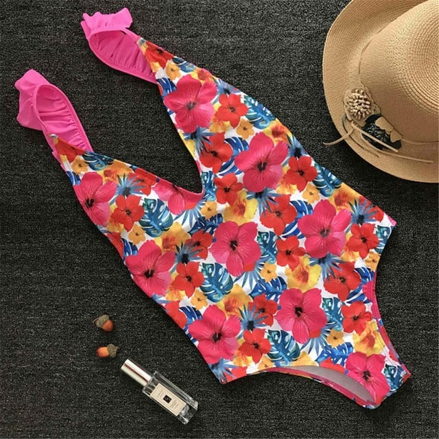 Sexy V Neck Ruffle Frill Trim Monokini-women fitness-wanahavit-Floral-L-wanahavit