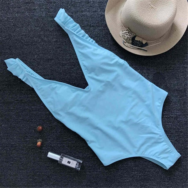 Sexy V Neck Ruffle Frill Trim Monokini-women fitness-wanahavit-Sky Blue-L-wanahavit