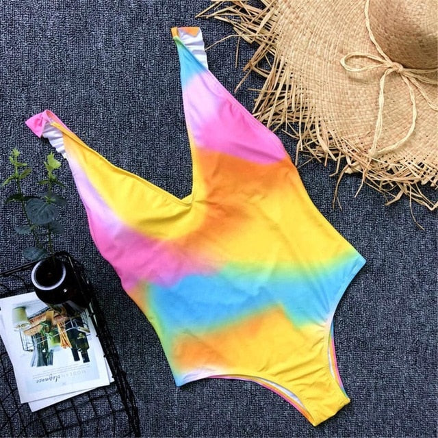 Sexy V Neck Ruffle Frill Trim Monokini-women fitness-wanahavit-Rainbow-L-wanahavit