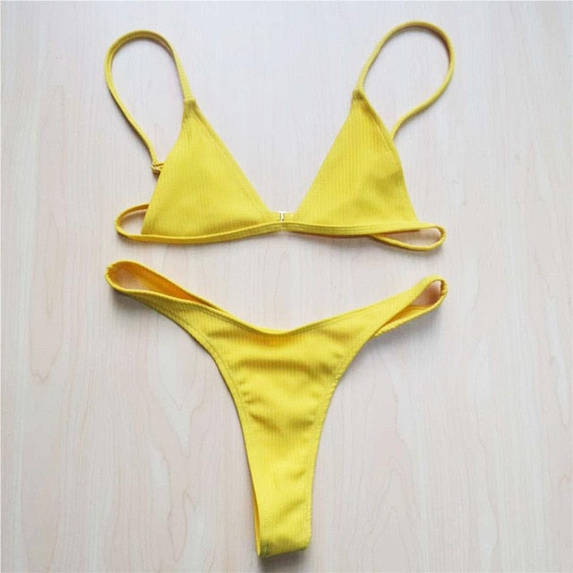 Ribbed Bather Sexy High Cut Leg Bikini-women fitness-wanahavit-Yellow-L-wanahavit