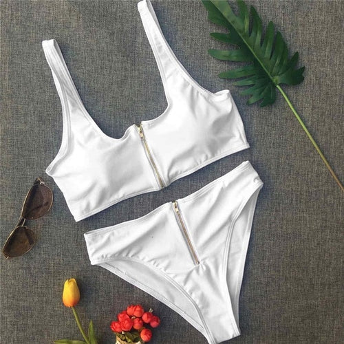 Load image into Gallery viewer, Sexy Zipper Closure High Waist Bikini-women fitness-wanahavit-White-L-wanahavit
