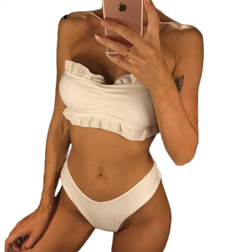 Sexy High Waist Ribbed Ruffled Bikini-women fitness-wanahavit-White-S-wanahavit