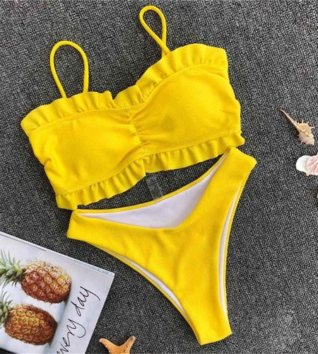 Sexy High Waist Ribbed Ruffled Bikini-women fitness-wanahavit-Yellow-S-wanahavit