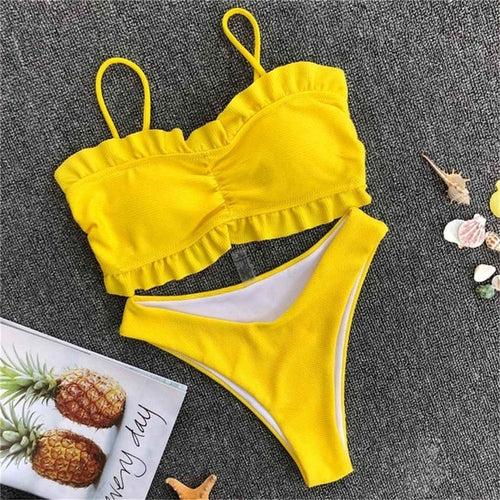 Load image into Gallery viewer, Sexy High Waist Ribbed Ruffled Bikini-women fitness-wanahavit-Yellow-S-wanahavit
