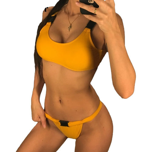 Load image into Gallery viewer, Sexy Buckled Strap Low Waist Brazilian Bikini-women fitness-wanahavit-Yellow-L-wanahavit
