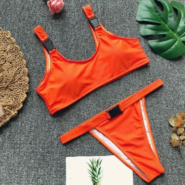 Sexy Buckled Strap Low Waist Brazilian Bikini-women fitness-wanahavit-Orange-L-wanahavit