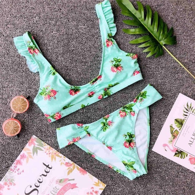 Sexy Floral Print Ruffle Strap Bikini-women fitness-wanahavit-Green Fruit-S-wanahavit