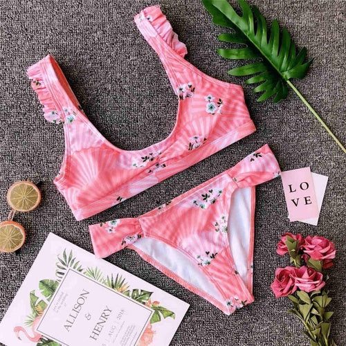 Load image into Gallery viewer, Sexy Floral Print Ruffle Strap Bikini-women fitness-wanahavit-Pink Flower-S-wanahavit

