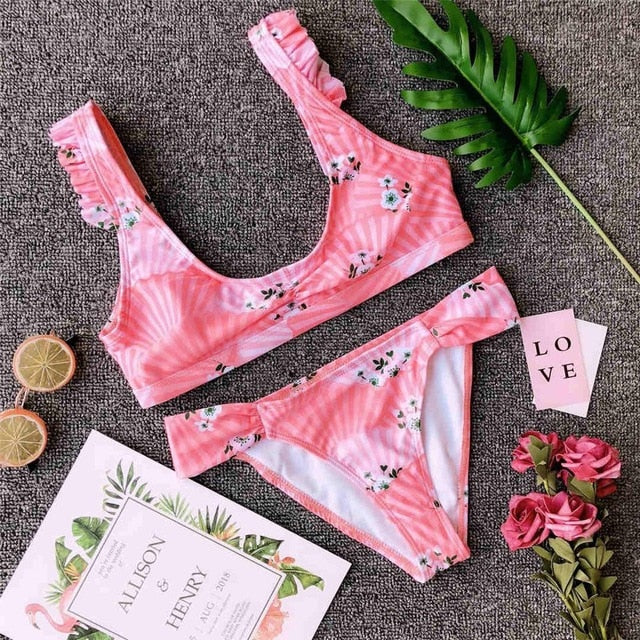 Sexy Floral Print Ruffle Strap Bikini-women fitness-wanahavit-Pink Flower-S-wanahavit