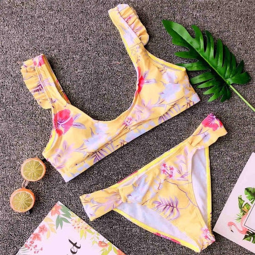 Load image into Gallery viewer, Sexy Floral Print Ruffle Strap Bikini-women fitness-wanahavit-Yellow Floral-S-wanahavit
