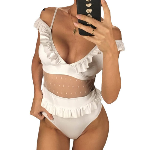 Load image into Gallery viewer, Mesh Ruffled Sleeve High Waist Monokini-women fitness-wanahavit-White-L-wanahavit
