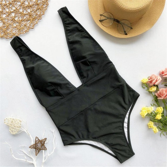 Sexy Deep V Neck Bather High Waist Monokini-women fitness-wanahavit-Black-L-wanahavit