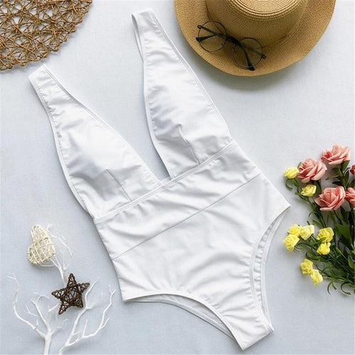 Load image into Gallery viewer, Sexy Deep V Neck Bather High Waist Monokini-women fitness-wanahavit-White-L-wanahavit
