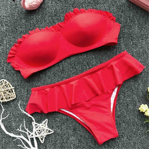 Load image into Gallery viewer, Sexy Ruffled Push Up Strapless Bikini-women fitness-wanahavit-Red-L-wanahavit
