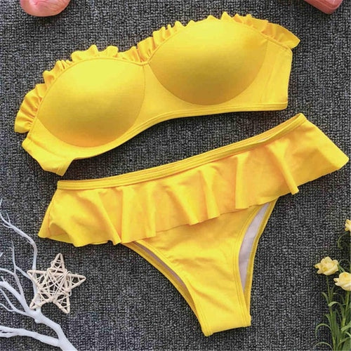 Load image into Gallery viewer, Sexy Ruffled Push Up Strapless Bikini-women fitness-wanahavit-Yellow-L-wanahavit
