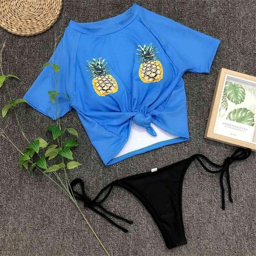 Load image into Gallery viewer, Pineapple Printed Knotted Shirt Bikini-women fitness-wanahavit-Blue-L-wanahavit
