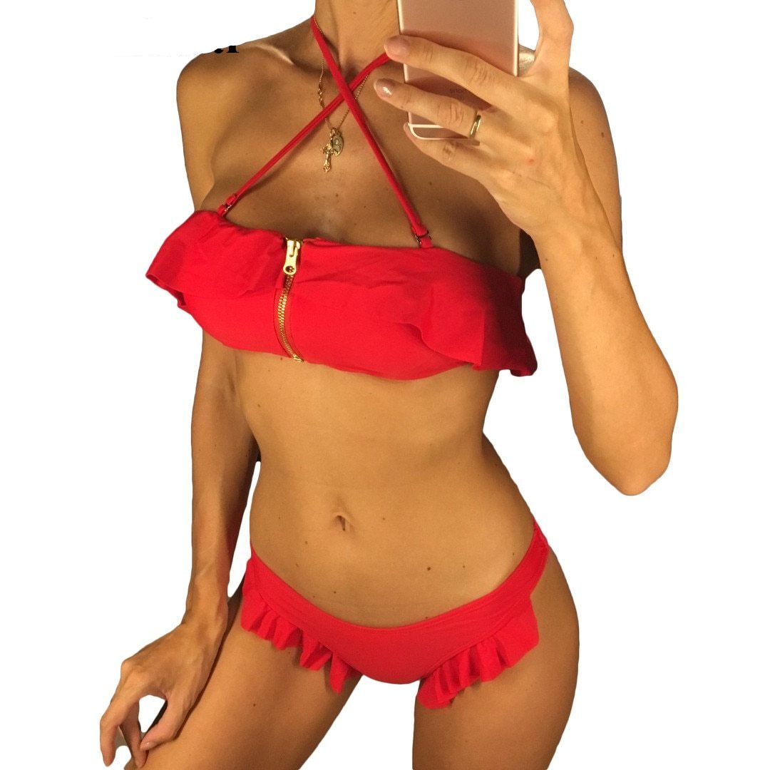 Sexy Bandeau Ruffle Trim Zipper Bikini-women fitness-wanahavit-Red-L-wanahavit