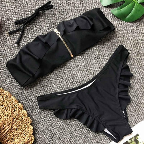 Load image into Gallery viewer, Sexy Bandeau Ruffle Trim Zipper Bikini-women fitness-wanahavit-Black-L-wanahavit
