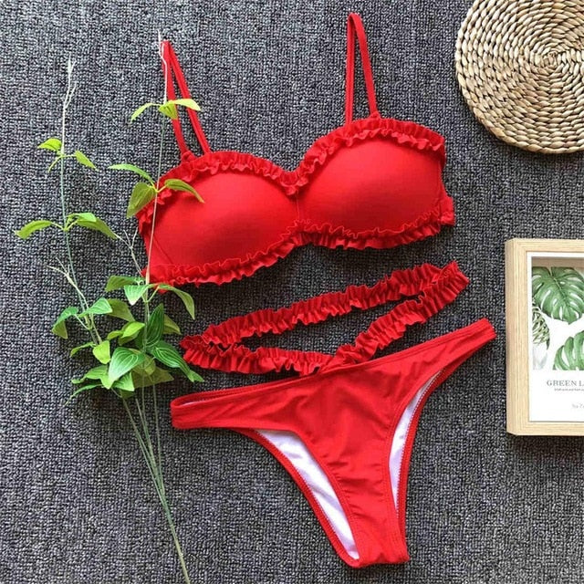 Sexy Ruffled Frill Trim Strap Bikini-women fitness-wanahavit-Red-L-wanahavit