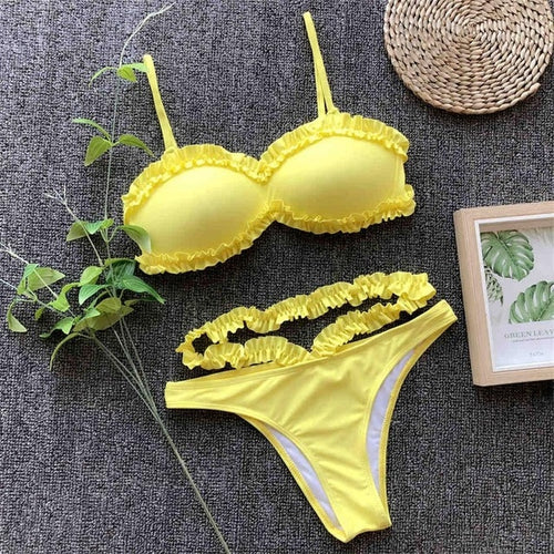 Load image into Gallery viewer, Sexy Ruffled Frill Trim Strap Bikini-women fitness-wanahavit-Yellow-L-wanahavit
