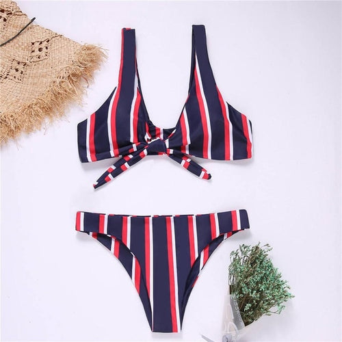 Load image into Gallery viewer, Sexy Printed Knotted Brazilian Bikini-women fitness-wanahavit-Blue Red Striped-S-wanahavit
