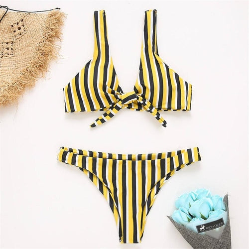 Load image into Gallery viewer, Sexy Printed Knotted Brazilian Bikini-women fitness-wanahavit-Yellow Striped-S-wanahavit
