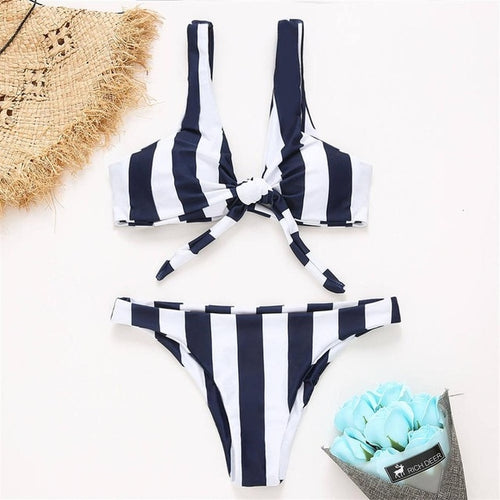 Load image into Gallery viewer, Sexy Printed Knotted Brazilian Bikini-women fitness-wanahavit-Blue White Striped-S-wanahavit
