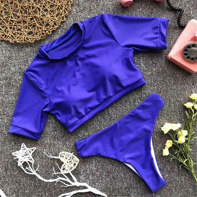 Sexy Solid Color Short Sleeve High Waist Bikini-women fitness-wanahavit-Blue-L-wanahavit