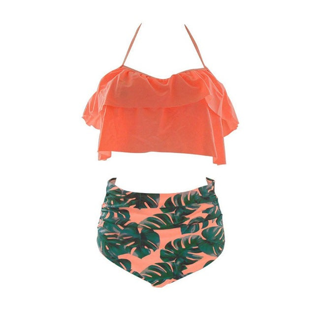 Plus Size Printed Ruffled High Waist Bikini-women fitness-wanahavit-OrangeLeaves-S-wanahavit