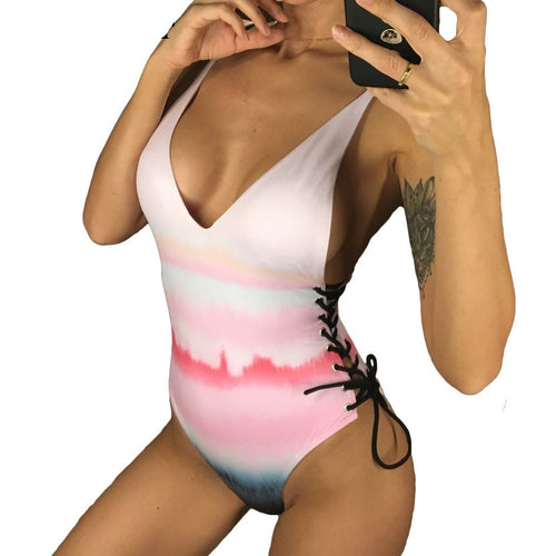 Load image into Gallery viewer, Sexy Side Lace Up Colorful Corrode Monokini-women fitness-wanahavit-Colorful-L-wanahavit
