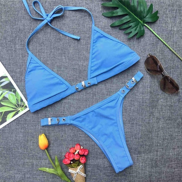 Sexy Solid Color Buckle Lock Halter Brazilian Bikini-women fitness-wanahavit-Blue-L-wanahavit