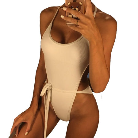 Sexy High Cut Knot Tie Bather Backless Ribbed Monokini-women fitness-wanahavit-White-L-wanahavit