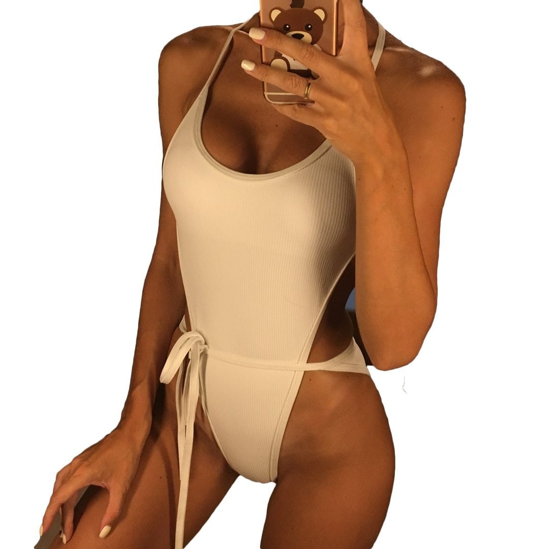Sexy High Cut Knot Tie Bather Backless Ribbed Monokini-women fitness-wanahavit-White-S-wanahavit