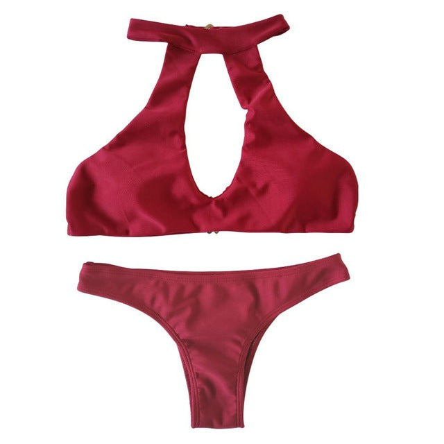 Plus Size Solid Color Cut Out Brazilian Bikini-women fitness-wanahavit-WineRed-L-wanahavit