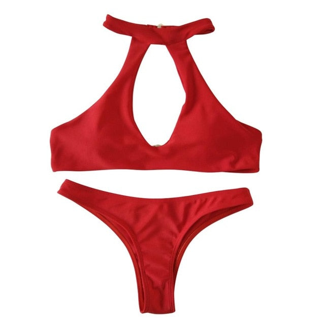 Plus Size Solid Color Cut Out Brazilian Bikini-women fitness-wanahavit-Red-L-wanahavit