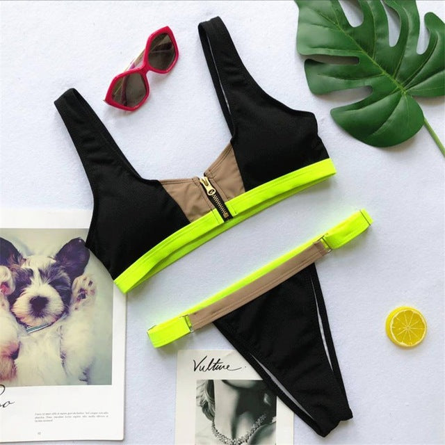 Zipper Patchwork Color Accent Brazilian Bikini-women fitness-wanahavit-Gray-L-wanahavit