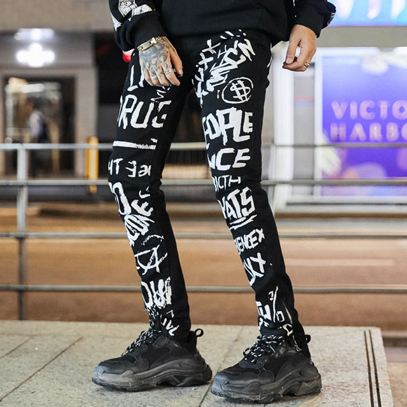 Biker Graffiti Denim Skinny Jeans Pants-men-wanahavit-black-M-wanahavit