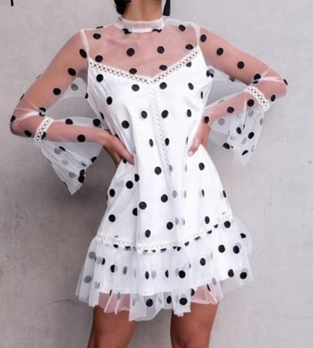 Polka Dot Mesh Mini Sexy Flare Sleeve Dress-women-wanahavit-White-S-wanahavit