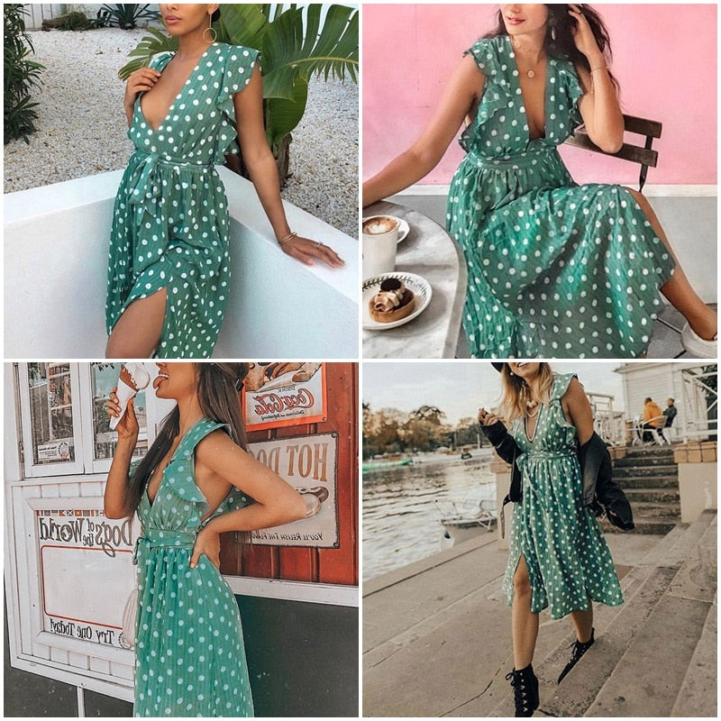 Sexy V Neck Polka Dot Green Summer Dress-women-wanahavit-Green-S-wanahavit