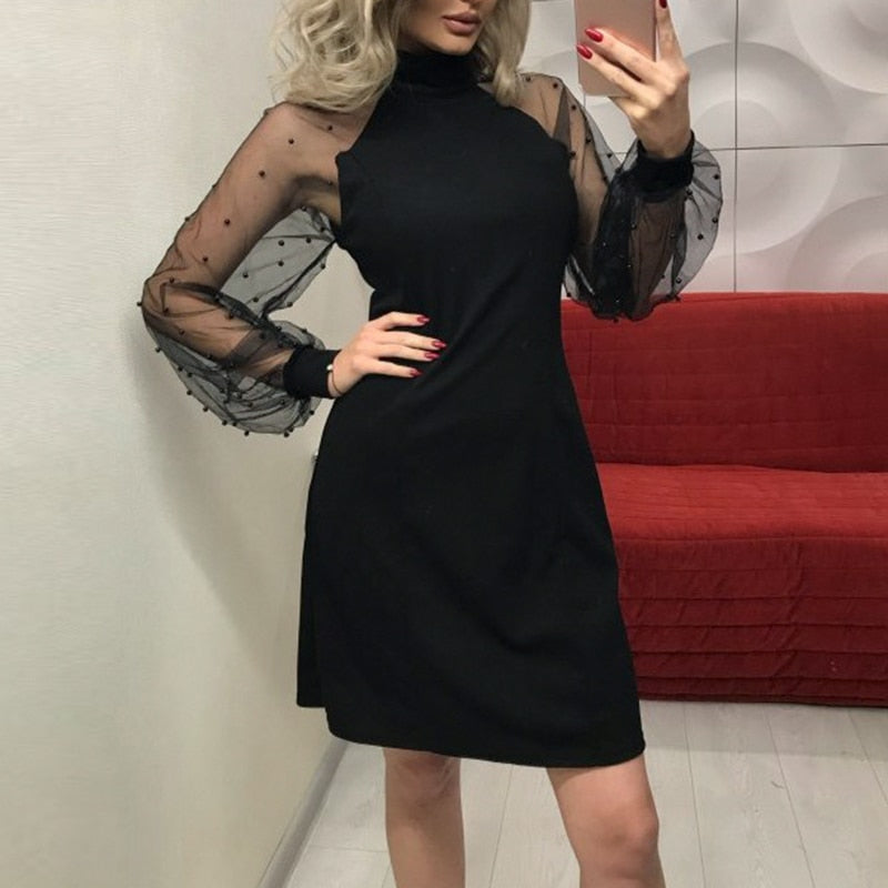 Sexy Lace Pearls Long Sleeve Mesh Beading Dress-women-wanahavit-Black-S-wanahavit